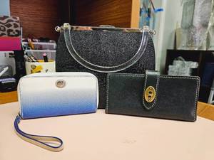 lot 513 image: COACH Ombre Wristlet Wallet, Fossil Black Leather Wallet and Vintage Purse with Lucite Handle