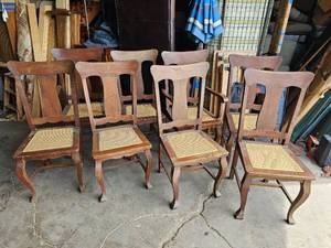 lot 232 image: Set of 8 Vintage Wood Dining Chairs with Cane Seating