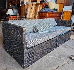 lot 248 image: Vintage Rattan Encased Sofa with Houndstooth Cushions