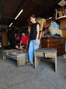 lot 235 image: Salvaged Elm & Stone Bedside Table and Coffee table. Coffee table ( no stone top)