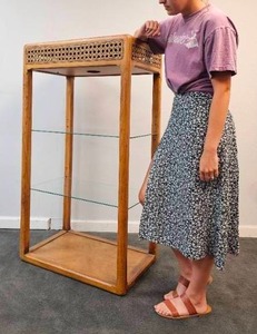 lot 262 image: Vintage Cane, Wood and Glass Shelving Unit with Light