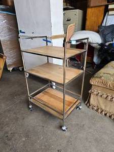 lot 264 image: Triple Tier Rolling Bar Cart - Wood and Metal