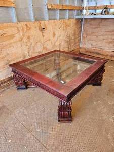 lot 384 image: Vintage Square Wood Carved Coffee Table with Glass Top