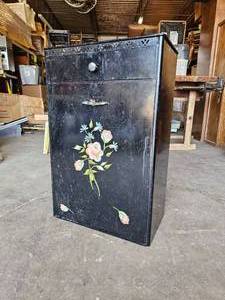 lot 304 image: Vintage Metal Black Cabinet with Flowers - Milk Deposit or Storage