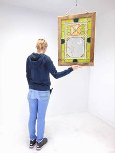 lot 290 image: Vintage Stained Glass Leaded Glass with Dried Flowers and Butterfly Inside Signed by Artist