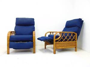 lot 13 image: Pair of LANE Venture Bamboo Recliner Chairs in Blue Fabric