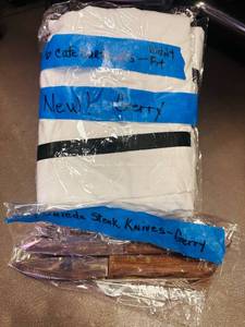 lot 611 image: 6 Black and White Cafe Curtains and Lot of Oneida Steak Knives