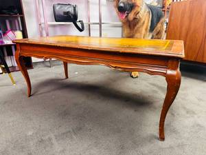 lot 625 image: Vintage 1960s French Style Leather and Wood Coffee Table