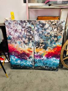 lot 632 image: Pair of Large Abstract Vibrant Canvas Prints