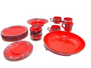 lot 18 image: Vintage Mid Century Bright Red Ceramic CHEROKEE Dishes