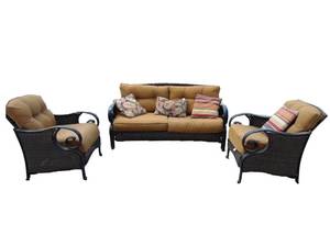lot 69 image: LAZYBOY Complete Patio Furniture Set- Faux Wicker Design Loveseat and Pair of Lounge Chairs Brown Cushions