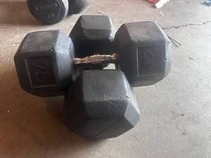 lot 56 image: Pair of 75 LB Rubberized Hex Dumbbells