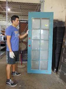 lot 275 image: Vintage Antique Glass and Wood Divided Door with Teal Paint