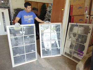 lot 293 image: 3 Vintage Wood and Glass Windows with Posters