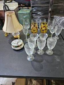 lot 100 image: Lot of Pretty Glasses and Crystal Lamp