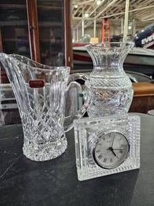 lot 105 image: Lot of Vintage Crystal, Gorham Pitcher, Waterford Clock and Crystal Vase