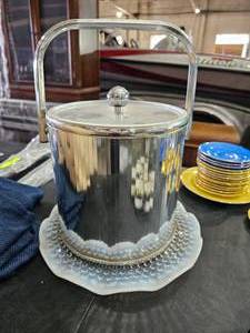 lot 110 image: Vintage Mid Century Ice Bucket and Vintage Ruffled Glass Serving Platter