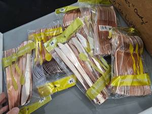 lot 123 image: Copper Tone Plastic Flatware and Plastic Champagne Cups