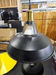 lot 183 image: Pair of Matte Black and Brass Tone Industrial Style Hanging Lights
