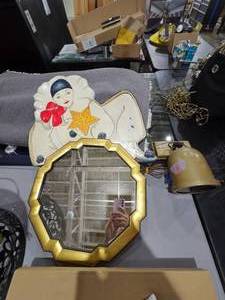 lot 200 image: Lot with Hand painted Clown, Gold Small Mirror and Vintage Light