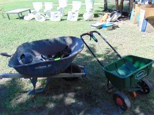 lot 383 image: Wheel barrel and Grass Seeder