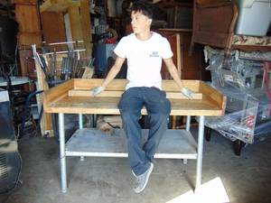 lot 750 image: Awesome Vintage Steel and Thick Butcher Block Workbench