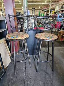 lot 408 image: Pair of Metal Swivel barstools with Floral Fabric Seats