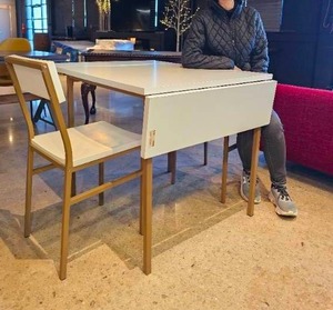 lot 415 image: White and Gold Bistro Dining Table with Fold Down Leaves and Two Chairs
